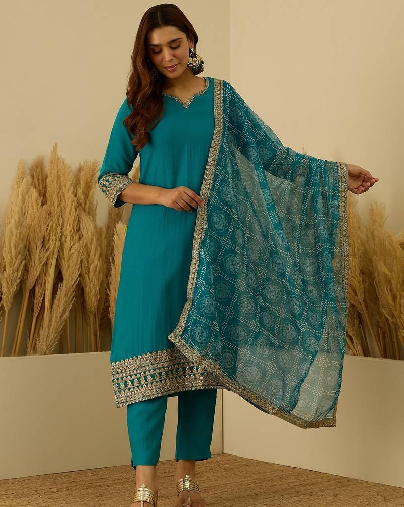 Sea-green premium designer festive wear readymade suit