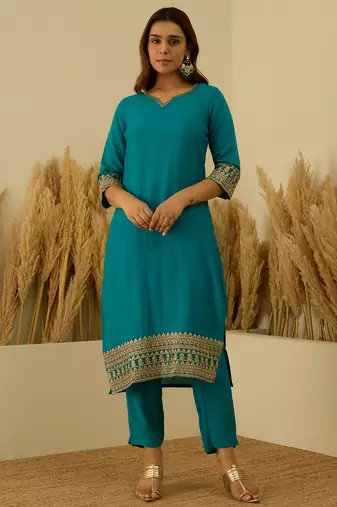 Sea-green premium designer festive wear readymade suit