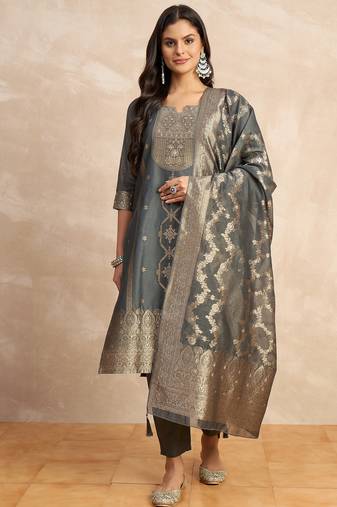 Grey premium designer festive wear readymade suit