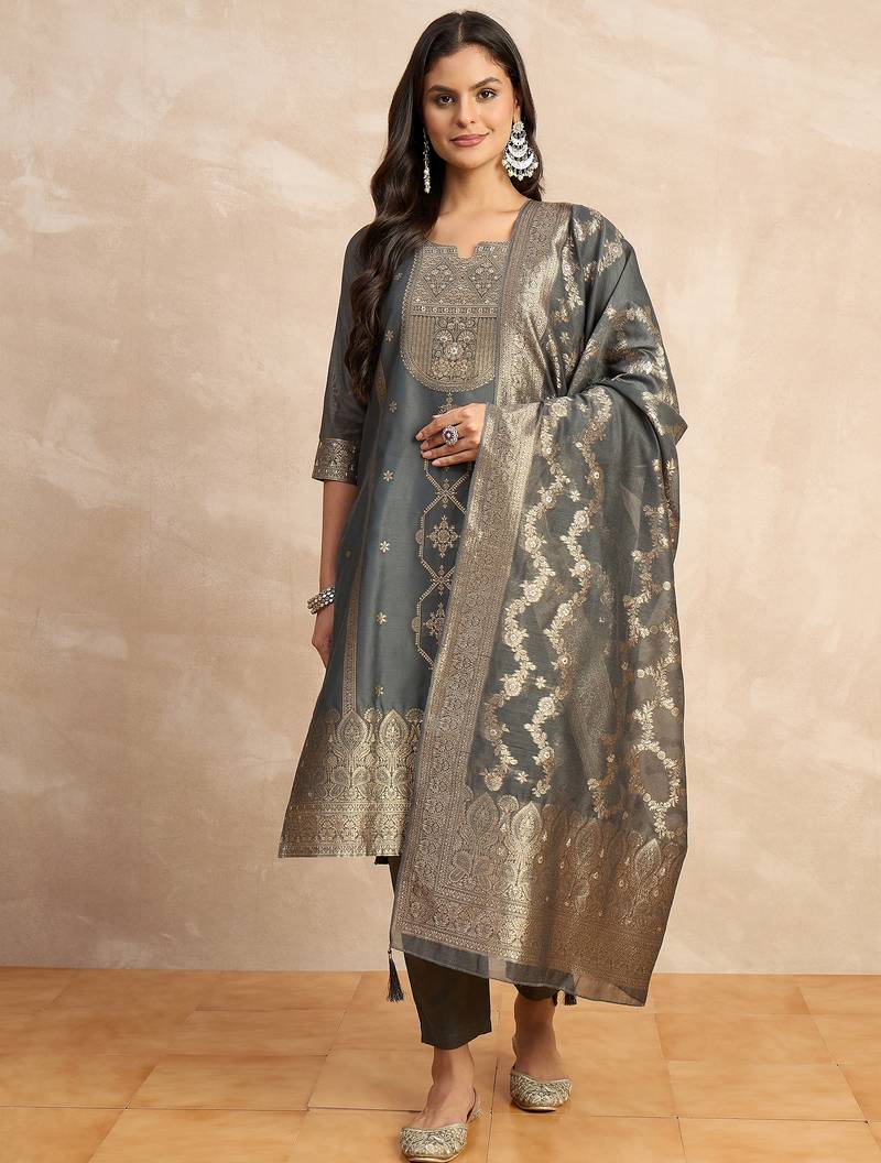 Grey premium designer festive wear readymade suit