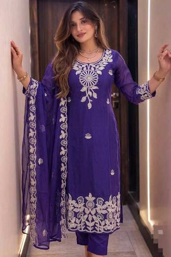 Women's Embroidered Roman silk blend Kurta Pant with Dupatta Set