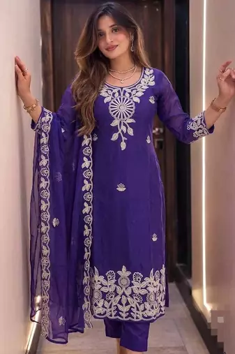 Women's Embroidered Roman silk blend Kurta Pant with Dupatta Set
