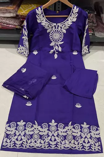 Women's Embroidered Roman silk blend Kurta Pant with Dupatta Set