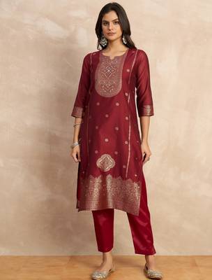 Red premium designer festive wear readymade suit 3