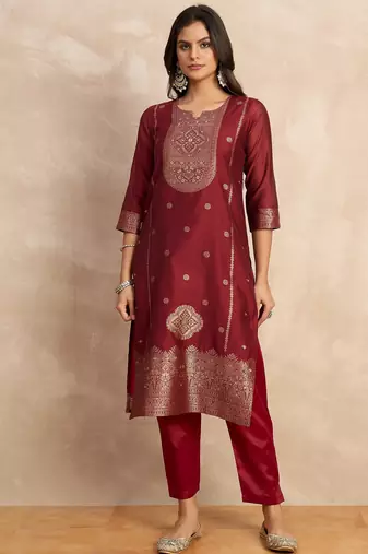 Red premium designer festive wear readymade suit