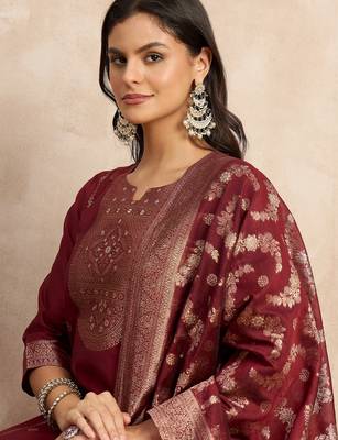 Red premium designer festive wear readymade suit 4