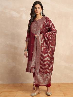 Red premium designer festive wear readymade suit 1