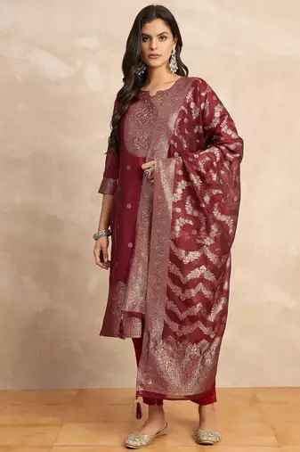 Red premium designer festive wear readymade suit