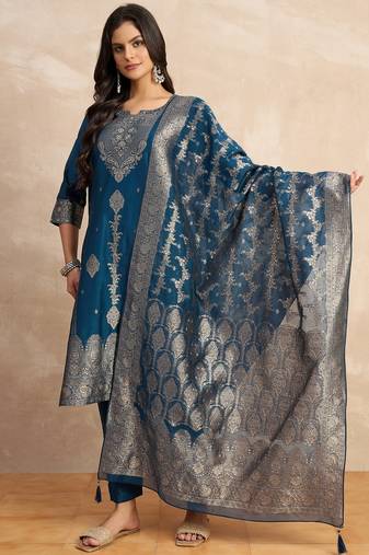 Teal-blue premium designer festive wear readymade suit