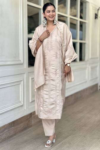 Beige premium designer festive wear readymade suit