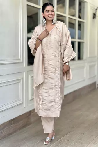 Beige premium designer festive wear readymade suit