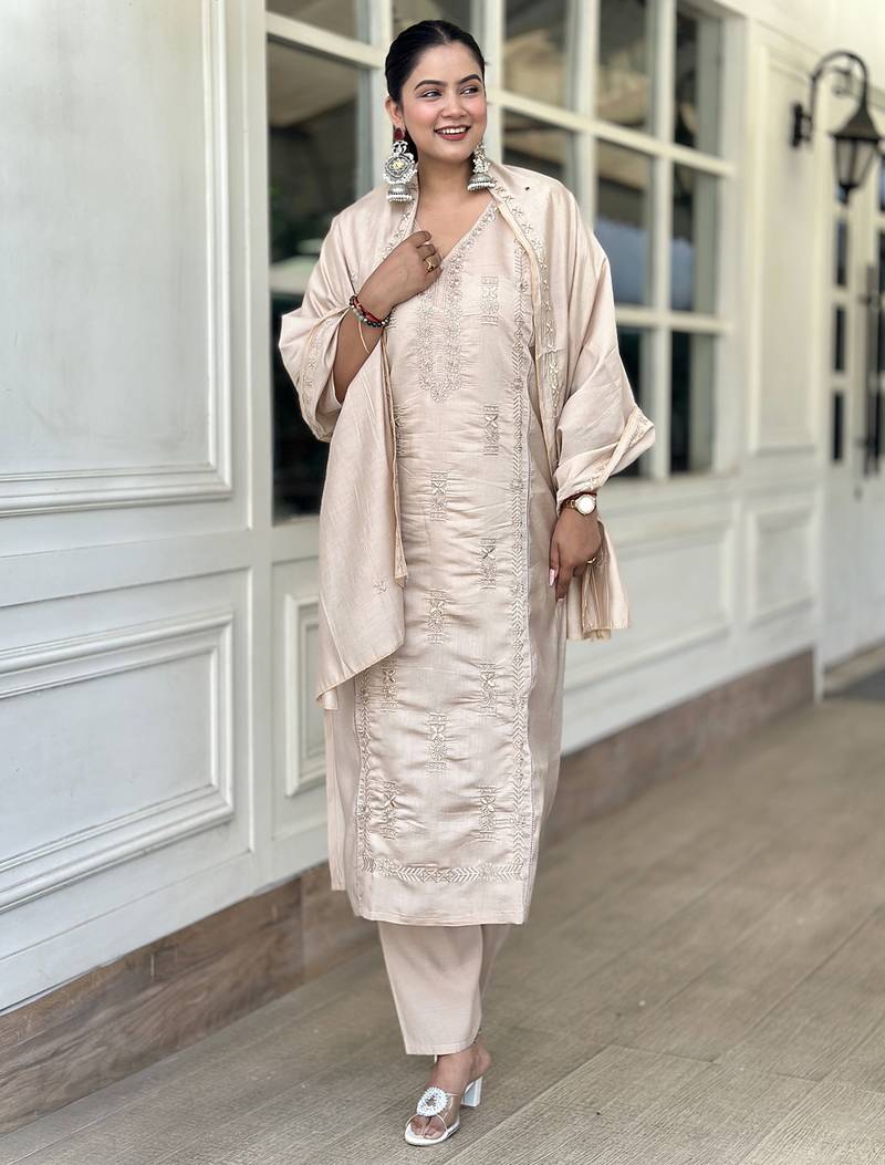 Beige premium designer festive wear readymade suit