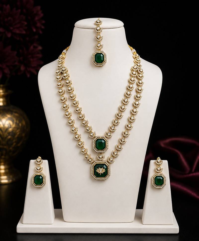 Double Layer Green Kundan Bridal Necklace earring maangtikka Jewellery Set for wedding festival 