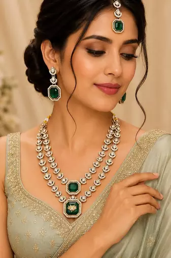 Double Layer Green Kundan Bridal Necklace earring maangtikka Jewellery Set for wedding festival 