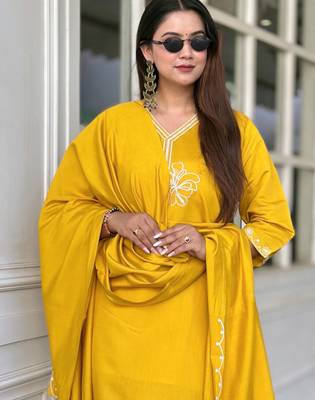 Yellow premium designer festive wear readymade suit 1