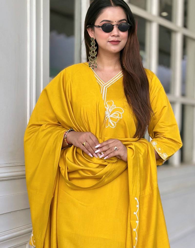 Yellow premium designer festive wear readymade suit
