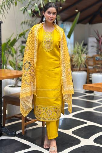 Yellow premium festive wear readymade suit