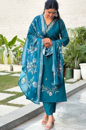 Teal premium designer festive wear readymade suit