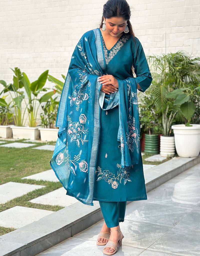 Teal premium designer festive wear readymade suit