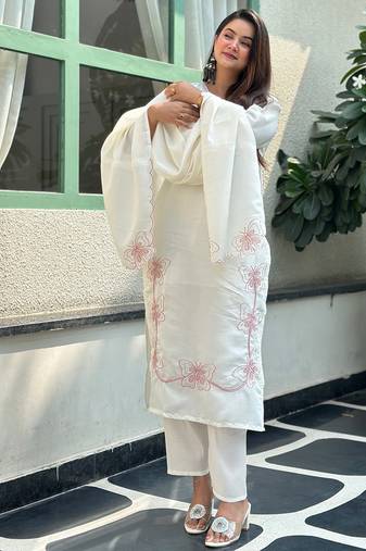 White premium designer festive wear readymade suit