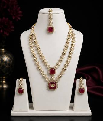 Double Layer Maroon Kundan Bridal Necklace earring maangtikka Jewellery Set for wedding festival  1