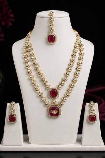 Double Layer Maroon Kundan Bridal Necklace earring maangtikka Jewellery Set for wedding festival 