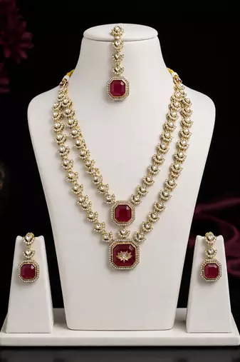 Double Layer Maroon Kundan Bridal Necklace earring maangtikka Jewellery Set for wedding festival 