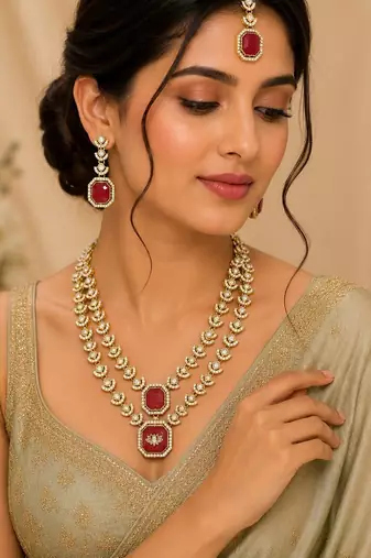 Double Layer Maroon Kundan Bridal Necklace earring maangtikka Jewellery Set for wedding festival 