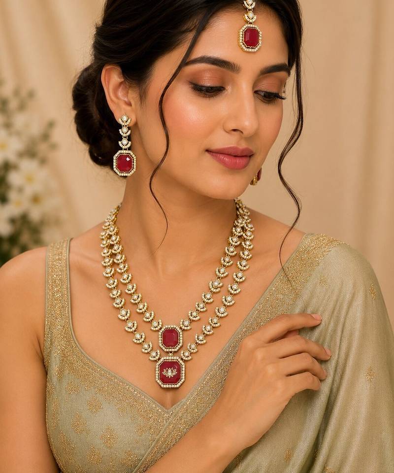 Double Layer Maroon Kundan Bridal Necklace earring maangtikka Jewellery Set for wedding festival 