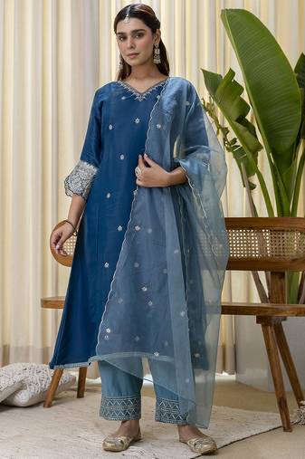 Teal-blue premium designer festive wear readymade suit