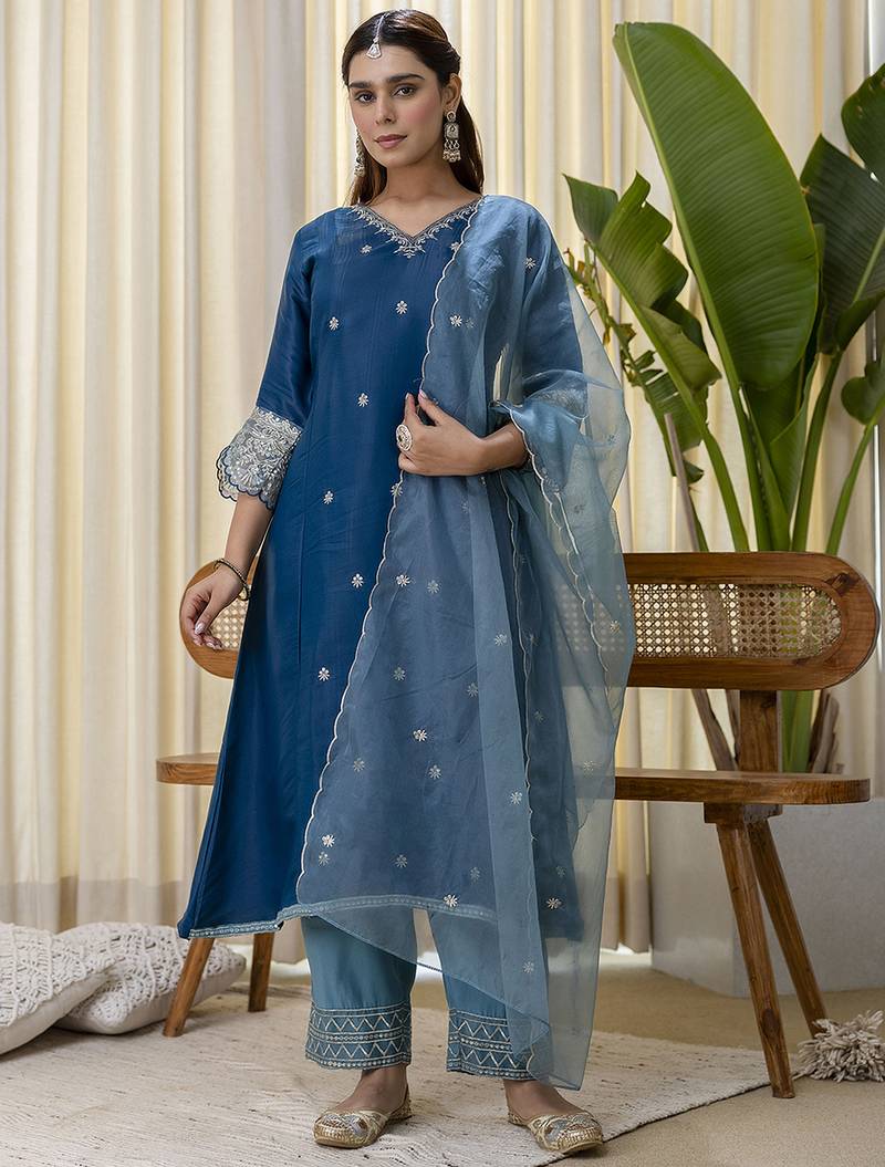 Teal-blue premium designer festive wear readymade suit