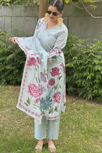 Sky-blue premium designer festive wear readymade suit