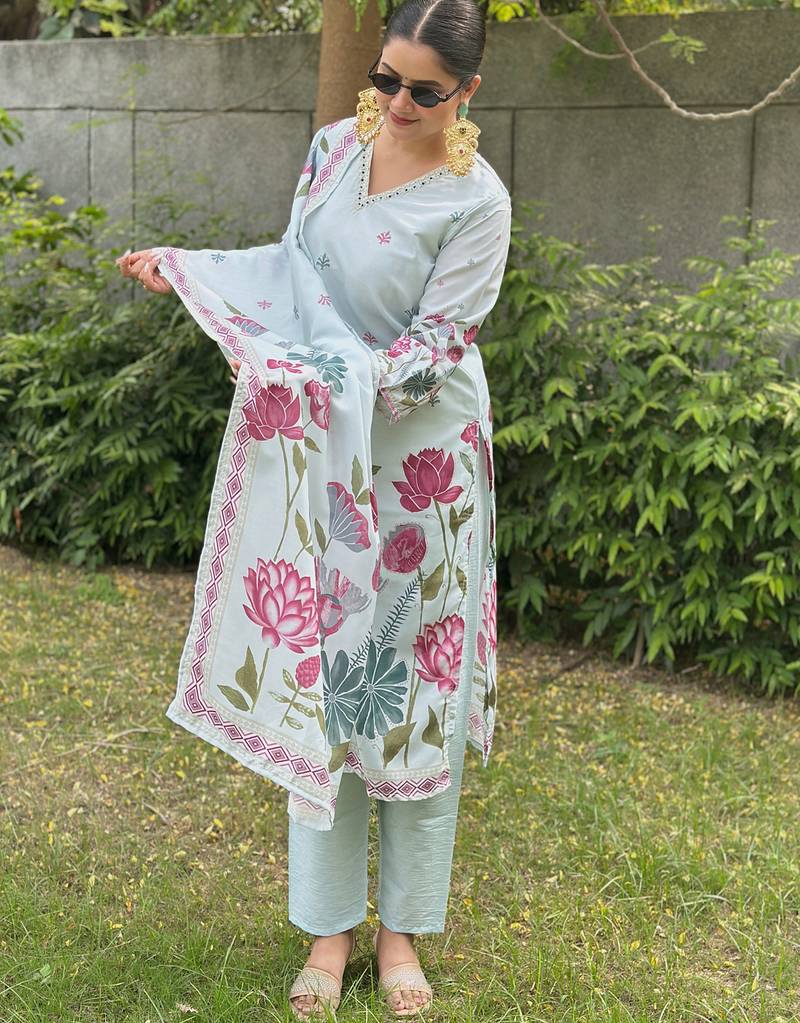 Sky-blue premium designer festive wear readymade suit