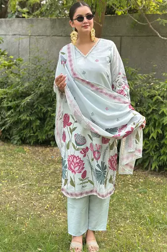 Sky-blue premium designer festive wear readymade suit