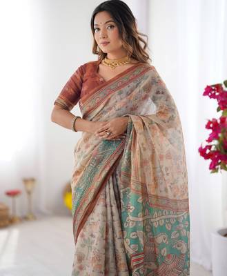 Beige & maroon handloom floral printed saree with blouse 3