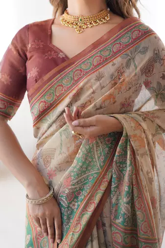Beige & maroon handloom floral printed saree with blouse