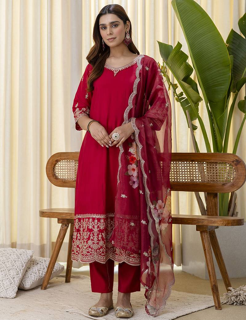 Red premium designer festive wear readymade suit