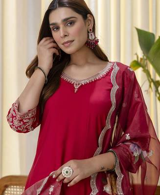 Red premium designer festive wear readymade suit 4