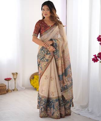 Beige & maroon handloom floral printed saree with blouse 1