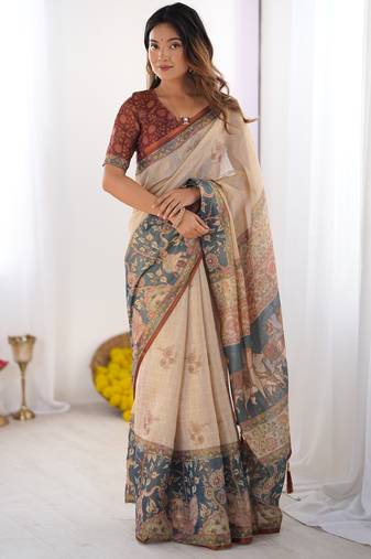 Beige & maroon handloom floral printed saree with blouse