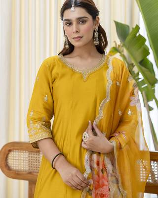 Mustard premium designer festive wear readymade suit 4