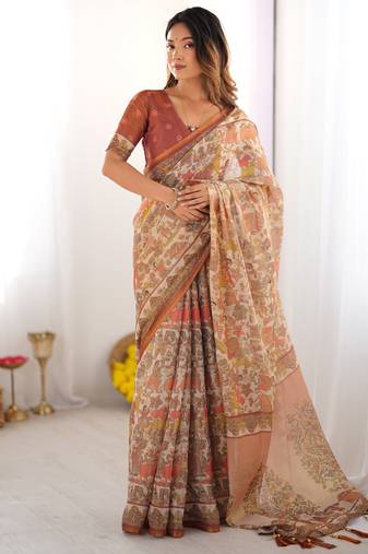 Beige & rust handloom printed saree with blouse