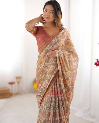 Beige & rust handloom printed saree with blouse 3