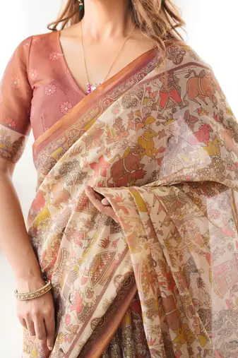 Beige & rust handloom printed saree with blouse