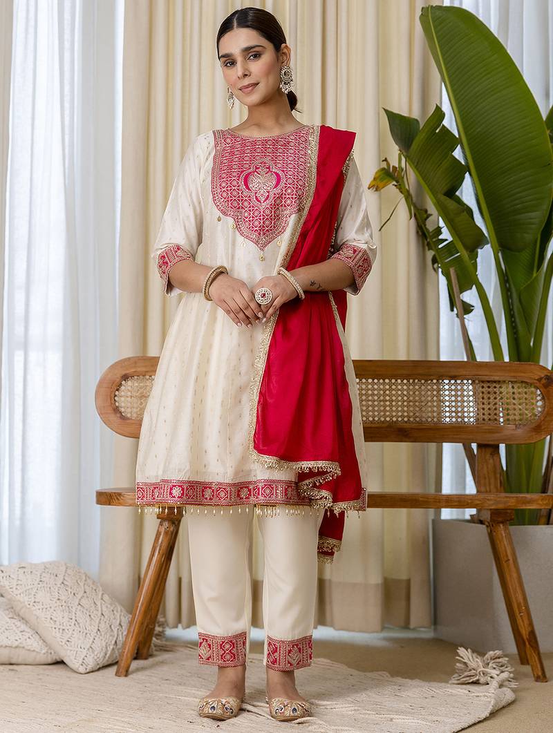 White premium designer festive wear readymade suit