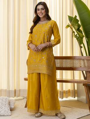 Mustard premium designer festive wear readymade suit 1