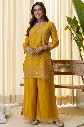 Mustard premium designer festive wear readymade suit
