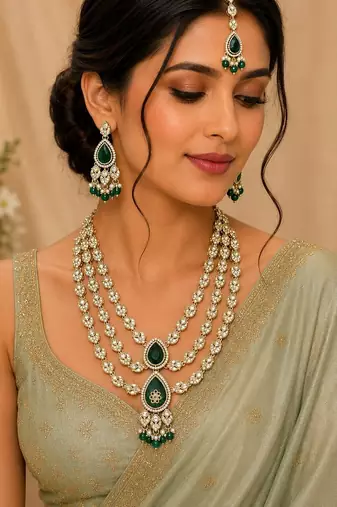 Muti layered Green Kundan Bridal Necklace earring maangtikka Jewellery Set for wedding festival 