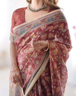 Rust maroon handloom floral printed saree with blouse 4
