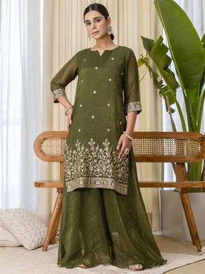 Green premium designer festive wear readymade suit 1